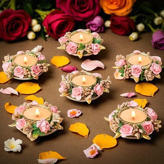 Diwali Diya Dipak Set Flower Tea Light Holder Set with Wax Candle, Set of 6 Light Candle Holder Stand (with Candles) (Pink Flower) - Image 2