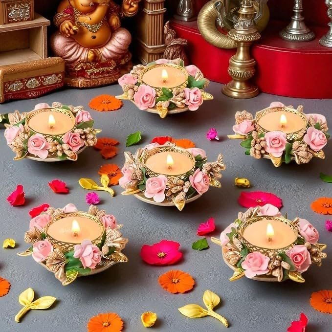 Diwali Diya Dipak Set Flower Tea Light Holder Set with Wax Candle, Set of 6 Light Candle Holder Stand (with Candles) (Pink Flower)